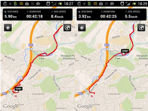 Screenshot of two maps showing two runs with different distances recorded for same run